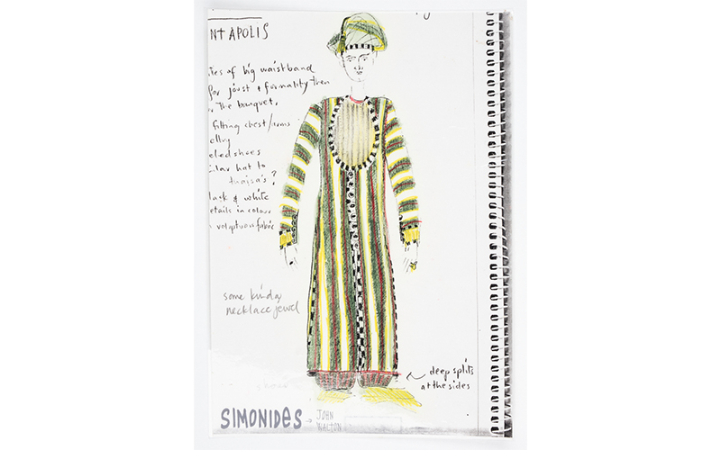 The original, illustrated costume design by Edie Kurzer for Simonides in ‘Pericles’, with working notes by the artist.