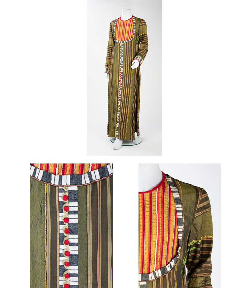 The costume tunic worn by John Walton as Simonides in ‘Pericles’, mounted on a headless white mannequin; and two different zoomed-in details of the costume.