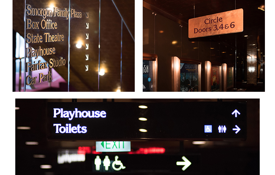 Three photos showing the different types of wayfaring signage in Arts Centre Melbourne: raised signage on mirrored walls, signs hanging from the ceiling, and lit signs in the main foyers.