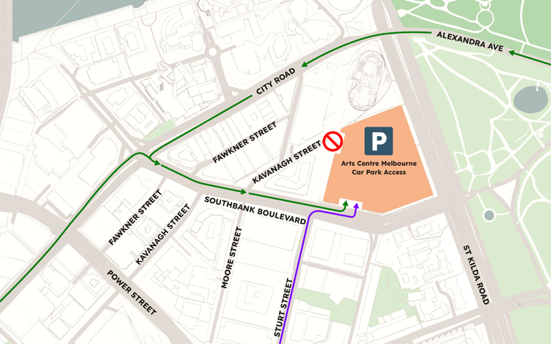 Map of Arts Centre Melbourne car park and surrounding areas