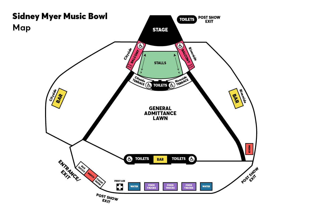 A venue map of the Sidney Myer Music Bowl.