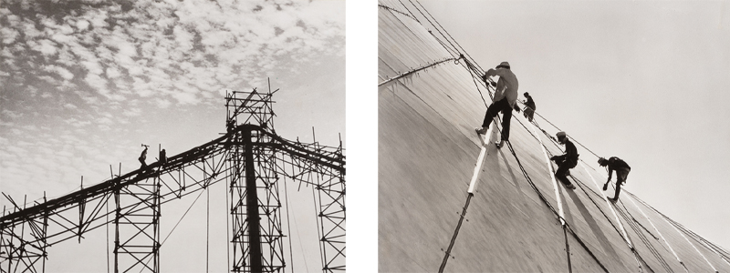 Left: Fixing the main cable to the top of one of the masts. Right: Riggers suspend.